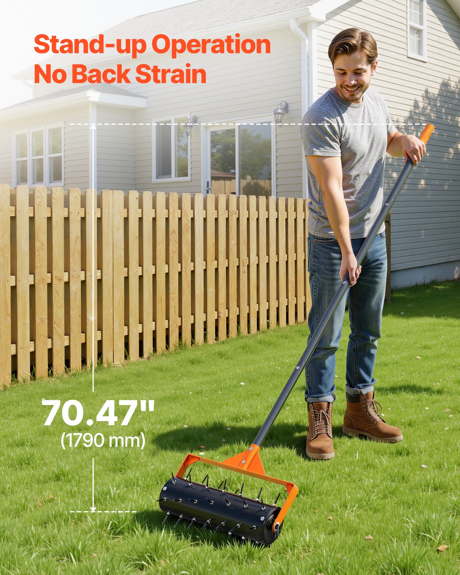 VEVOR close-up of 42 steel spikes that resist clogging and penetrate soil