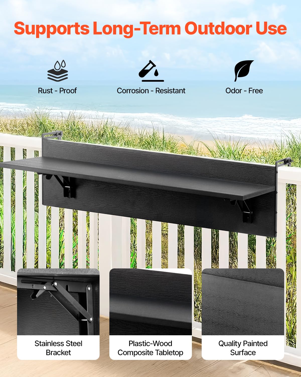 VEVOR bracket close-up showing stainless steel clamp and pad protecting railing for stability