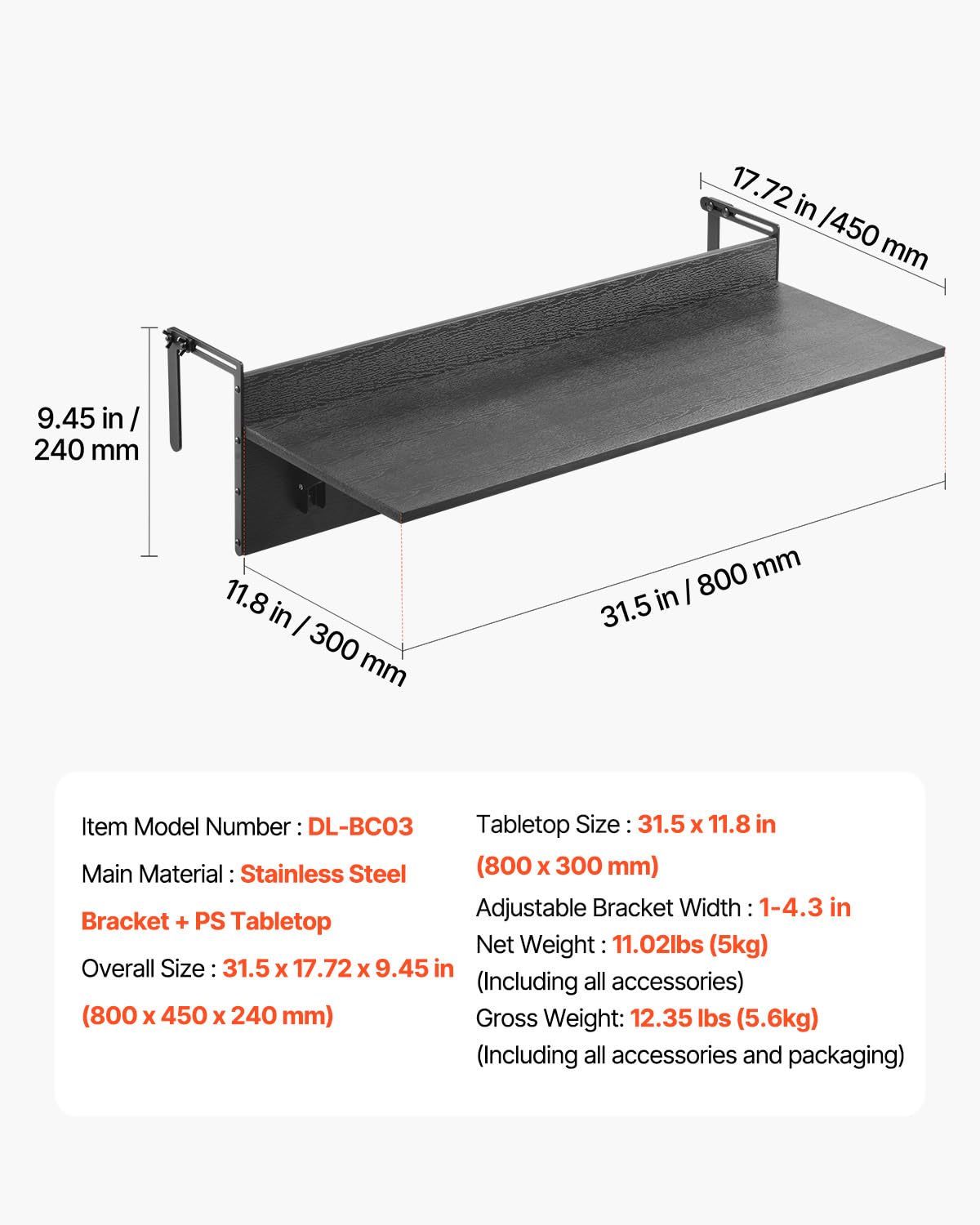 VEVOR table next to measuring tape showing 31.5 by 12 inches for size reference