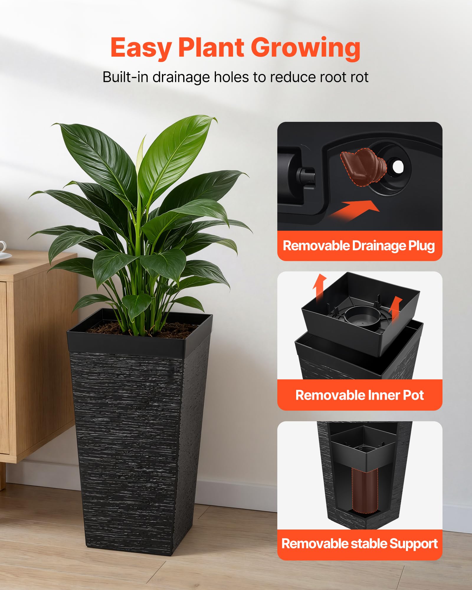 VEVOR planter placed in garden demonstrating outdoor durability and integrated drainage benefit