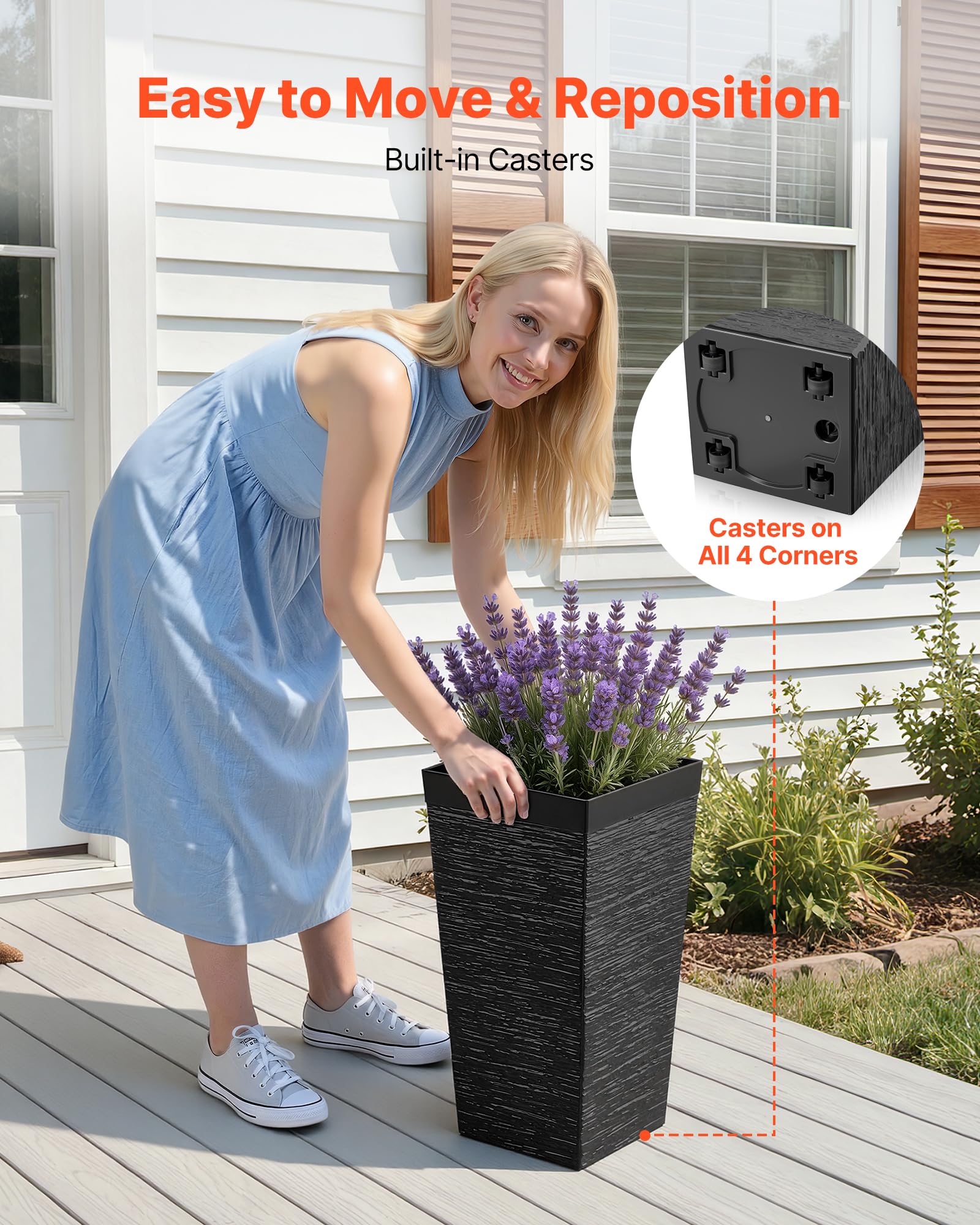 VEVOR casters underneath planter illustrating effortless mobility for seasonal repositioning