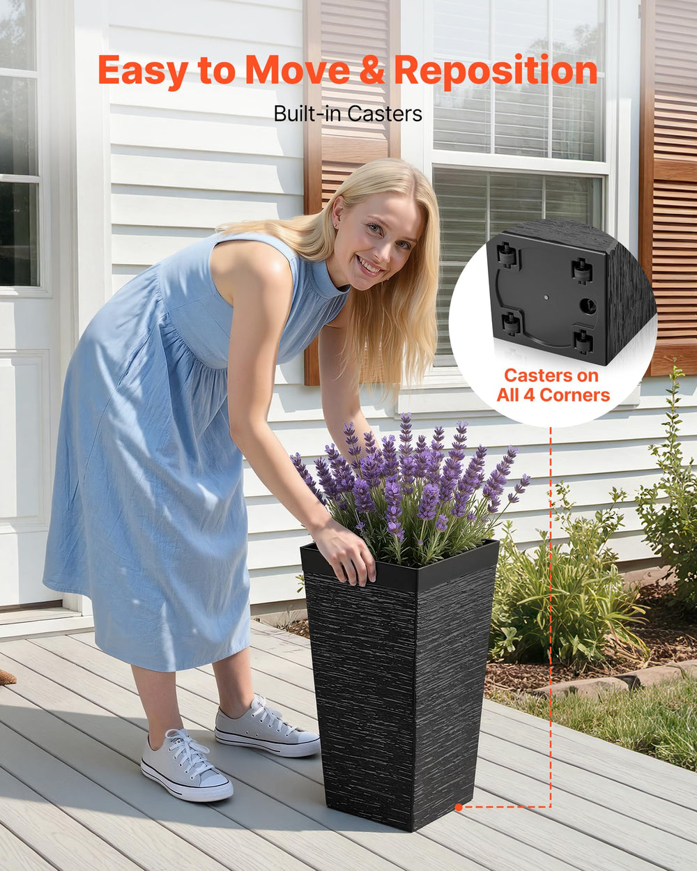 VEVOR casters underneath planter illustrating effortless mobility for seasonal repositioning