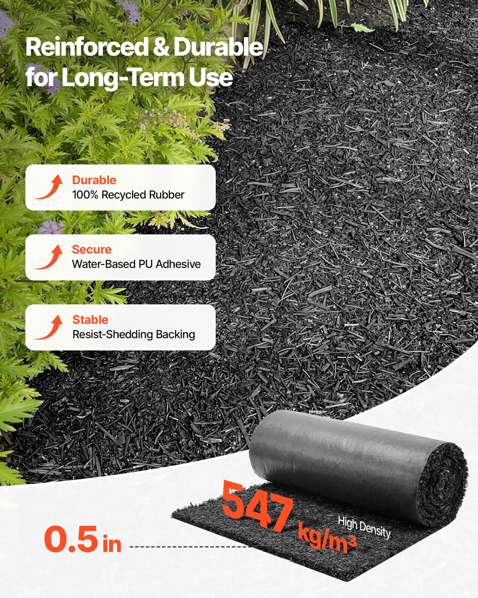 VEVOR close-up of recycled rubber fibers texture giving breathability and weed barrier benefit