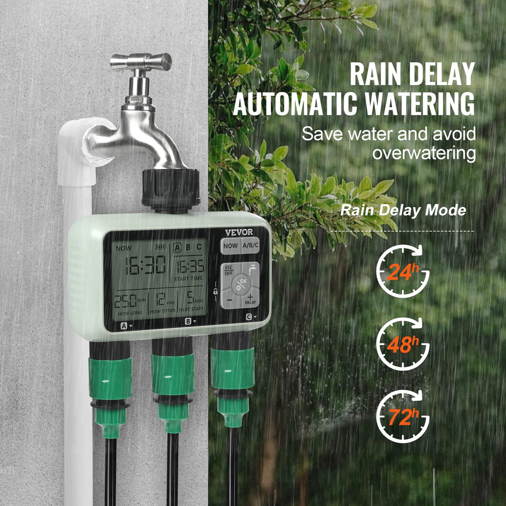 VEVOR three outlet fitting with hoses attached for simultaneous watering benefit