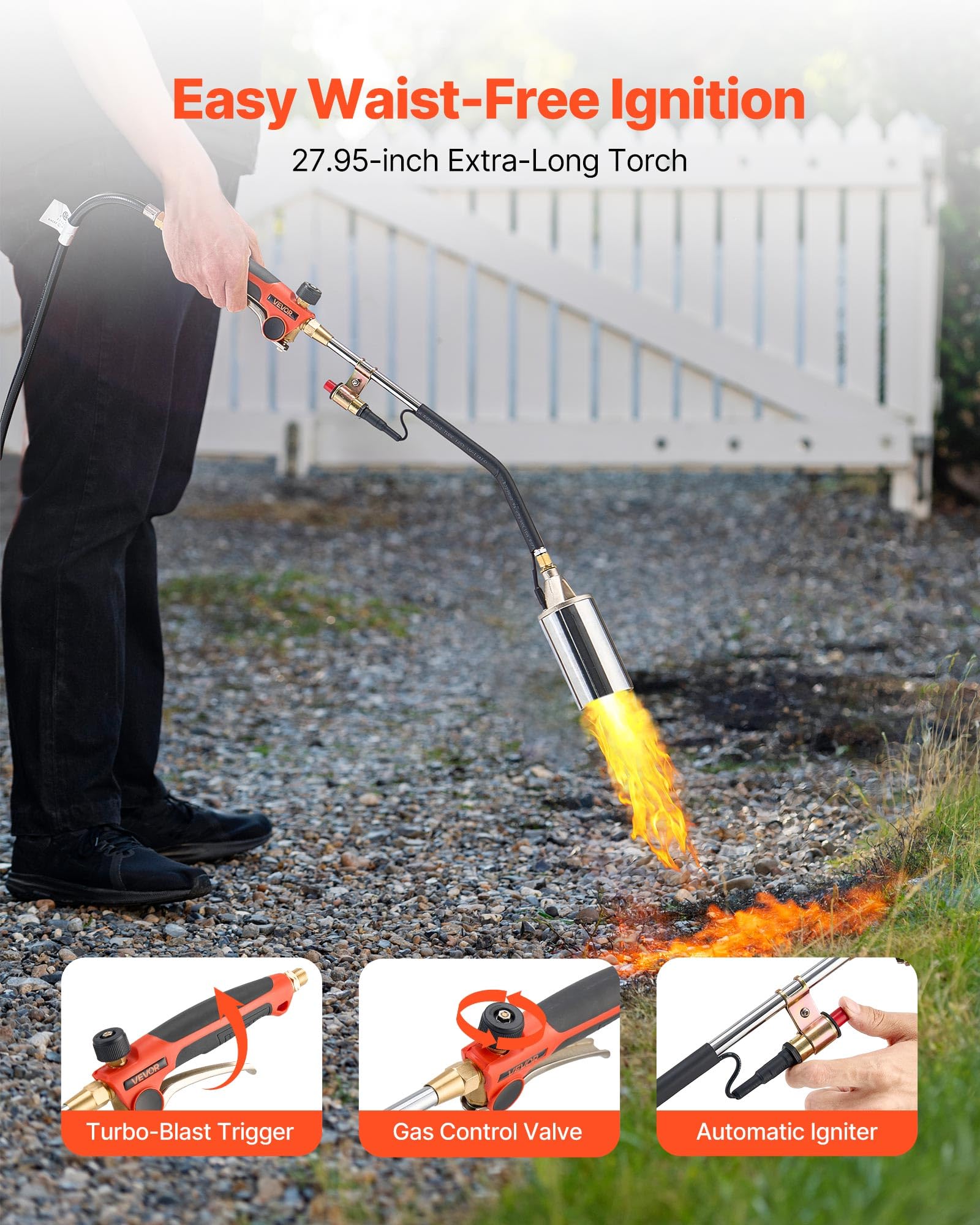 VEVOR torch in use clearing weeds quickly to save time on yard maintenance