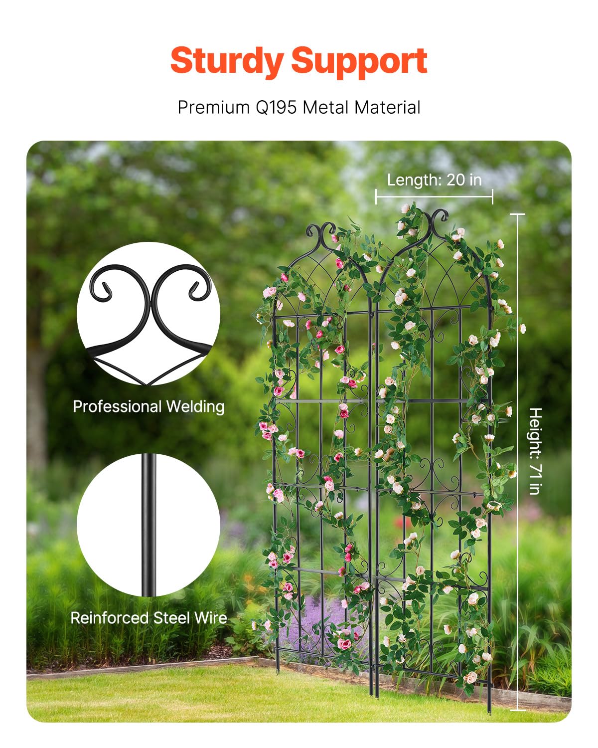 VEVOR trellis close-up welds highlighting sturdy construction benefit