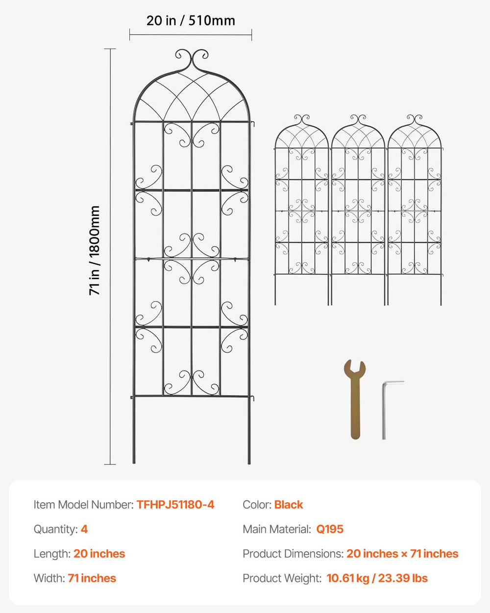 VEVOR trellis beside ruler demonstrating 71x20 inch size and space-saving vertical height