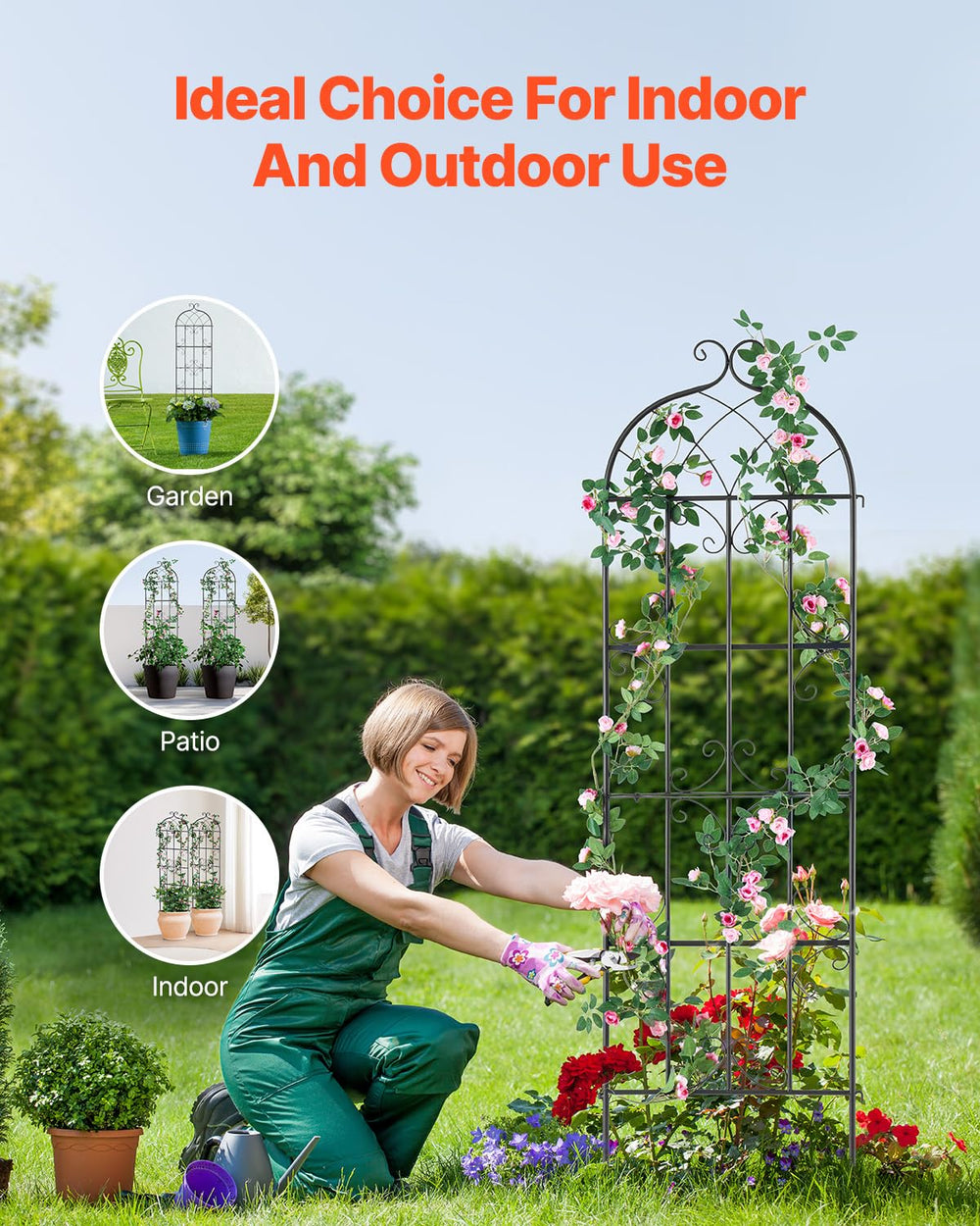 VEVOR trellis side profile mounted in soil showing stable anchoring and wind resistance benefit