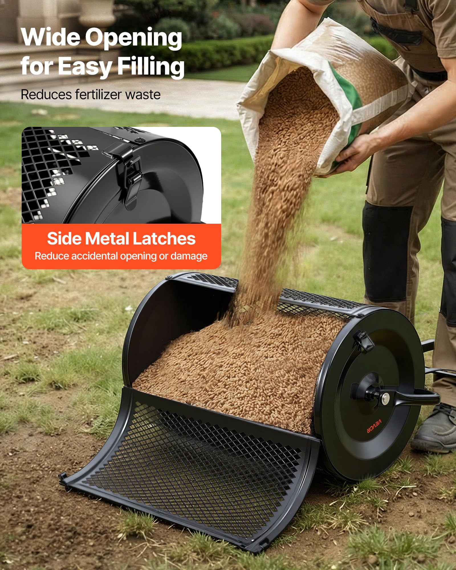 VEVOR triangular stability bracket keeping the spreader steady on uneven ground