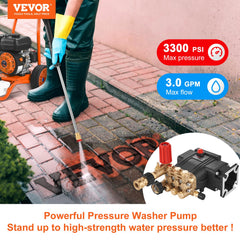 VEVOR close-up of triplex plungers highlighting smooth delivery and reduced pulsation benefit