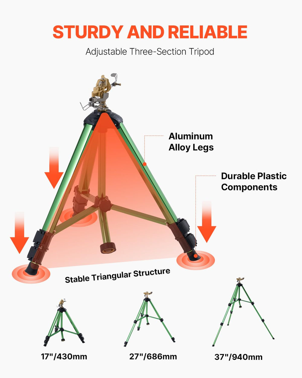 VEVOR tripod showing three adjustable height positions for flexible watering