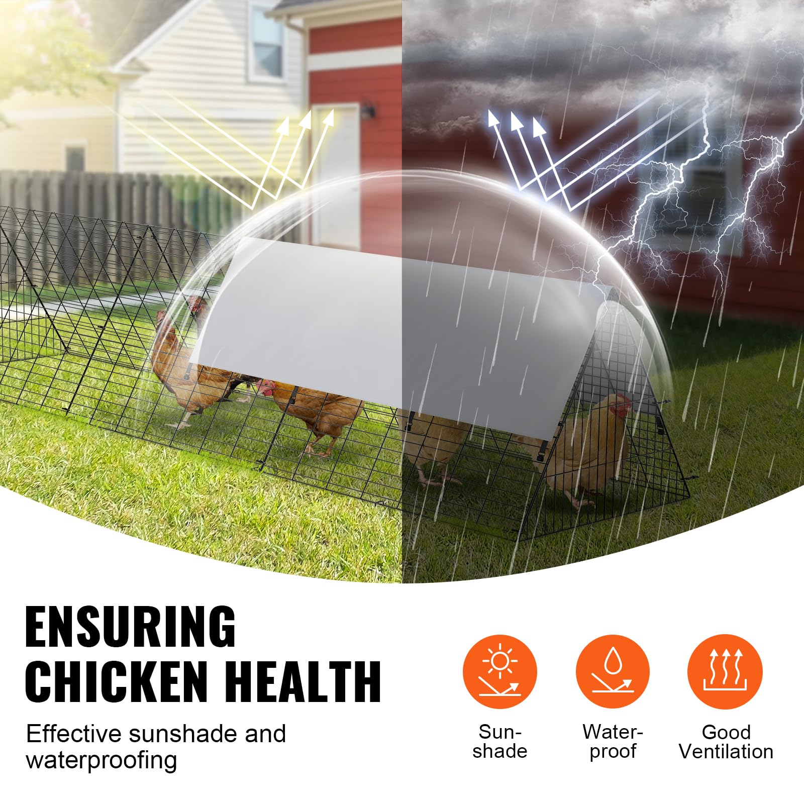 VEVOR tunnel in use with chickens enjoying protected roaming and exercise