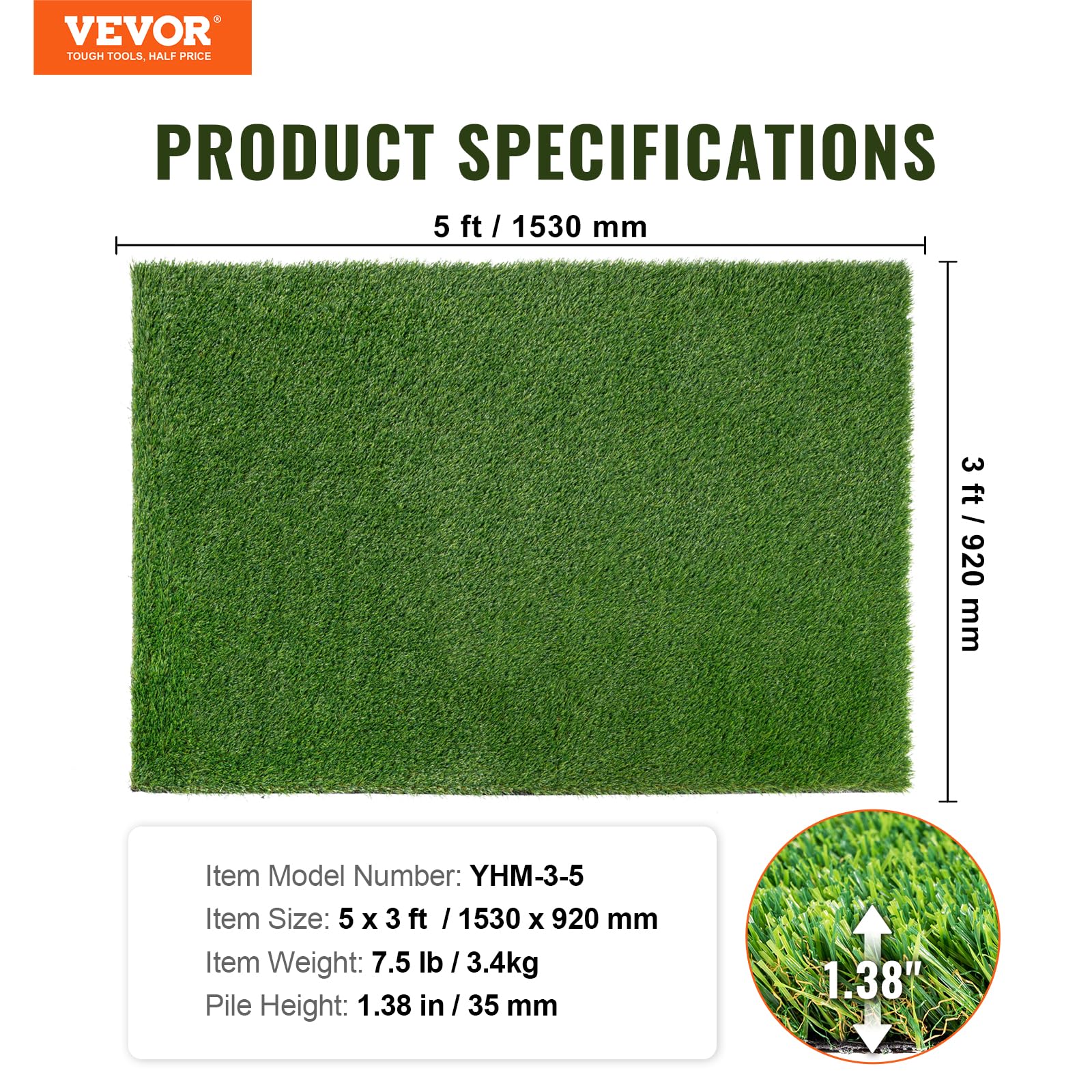 VEVOR turf beside ruler illustrating 3x5 ft scale for planning