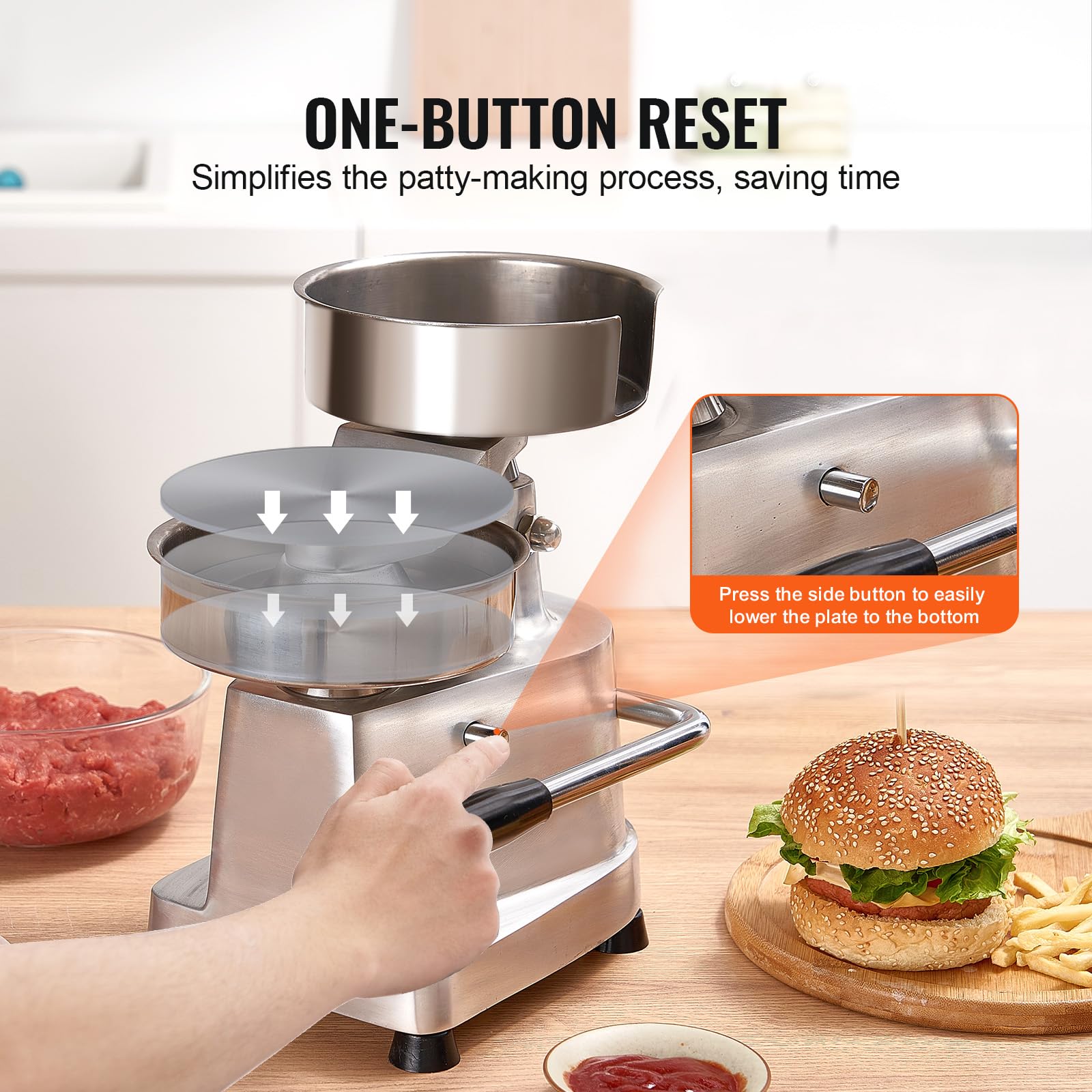 VEVOR unit on countertop with hands for scale, useful for compact commercial kitchens
