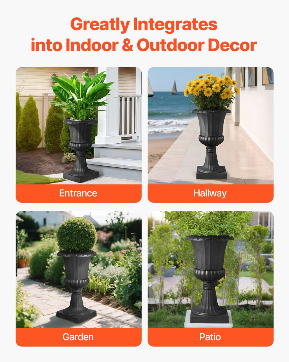 VEVOR urn filled with hydrangeas showing elevated floral display