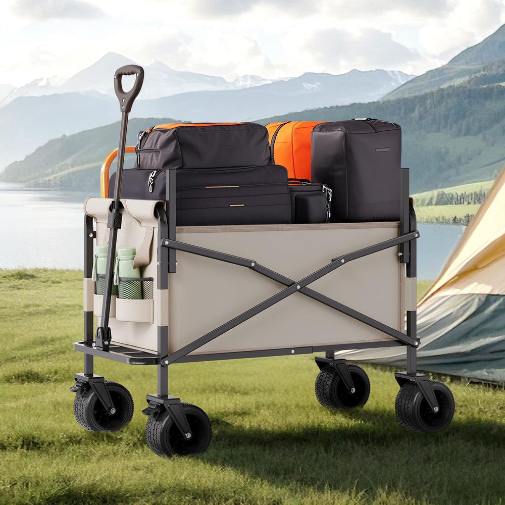 VEVOR wagon next to person for size comparison and load perspective