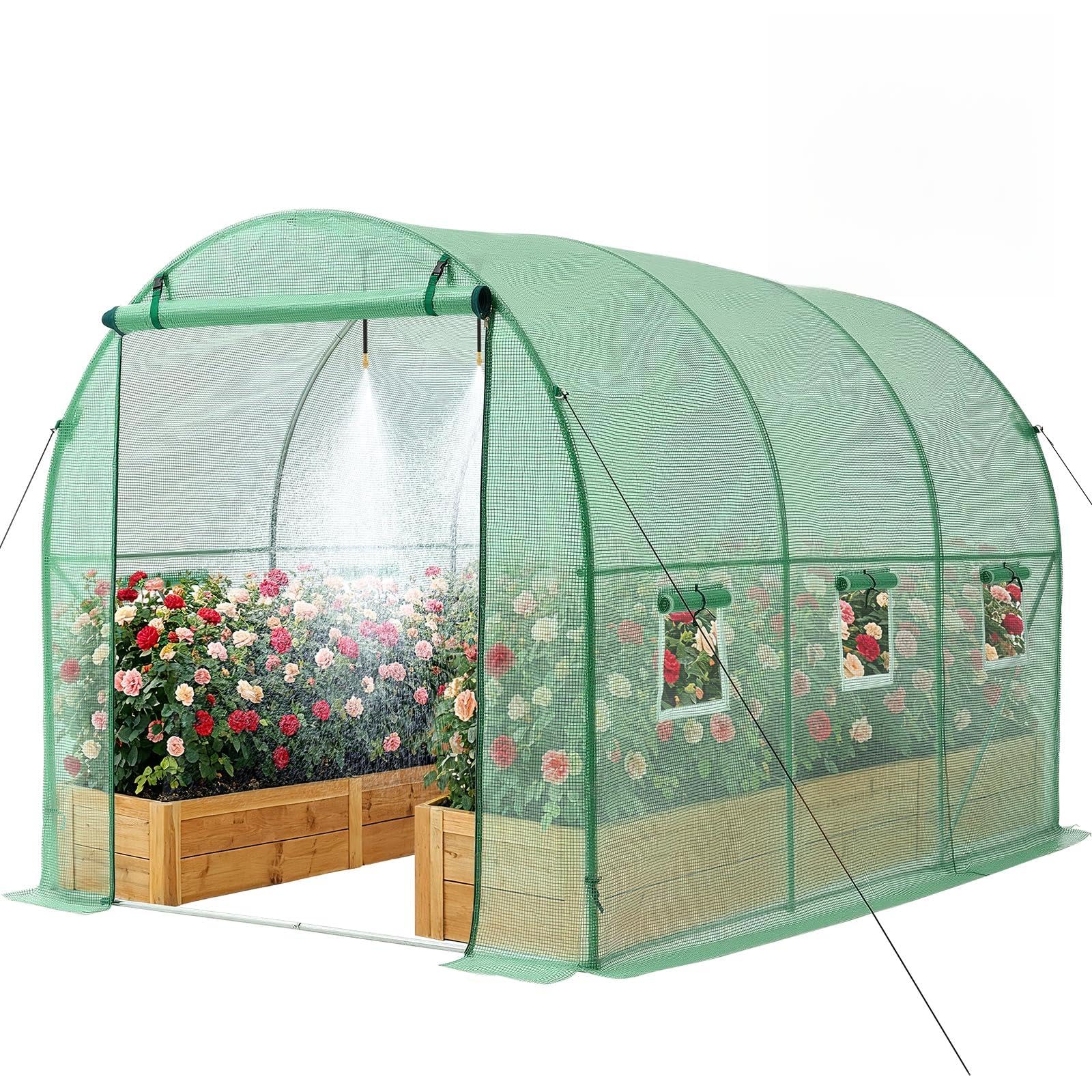 VEVOR front view of walk-in tunnel greenhouse showing covered entrance and structure benefit