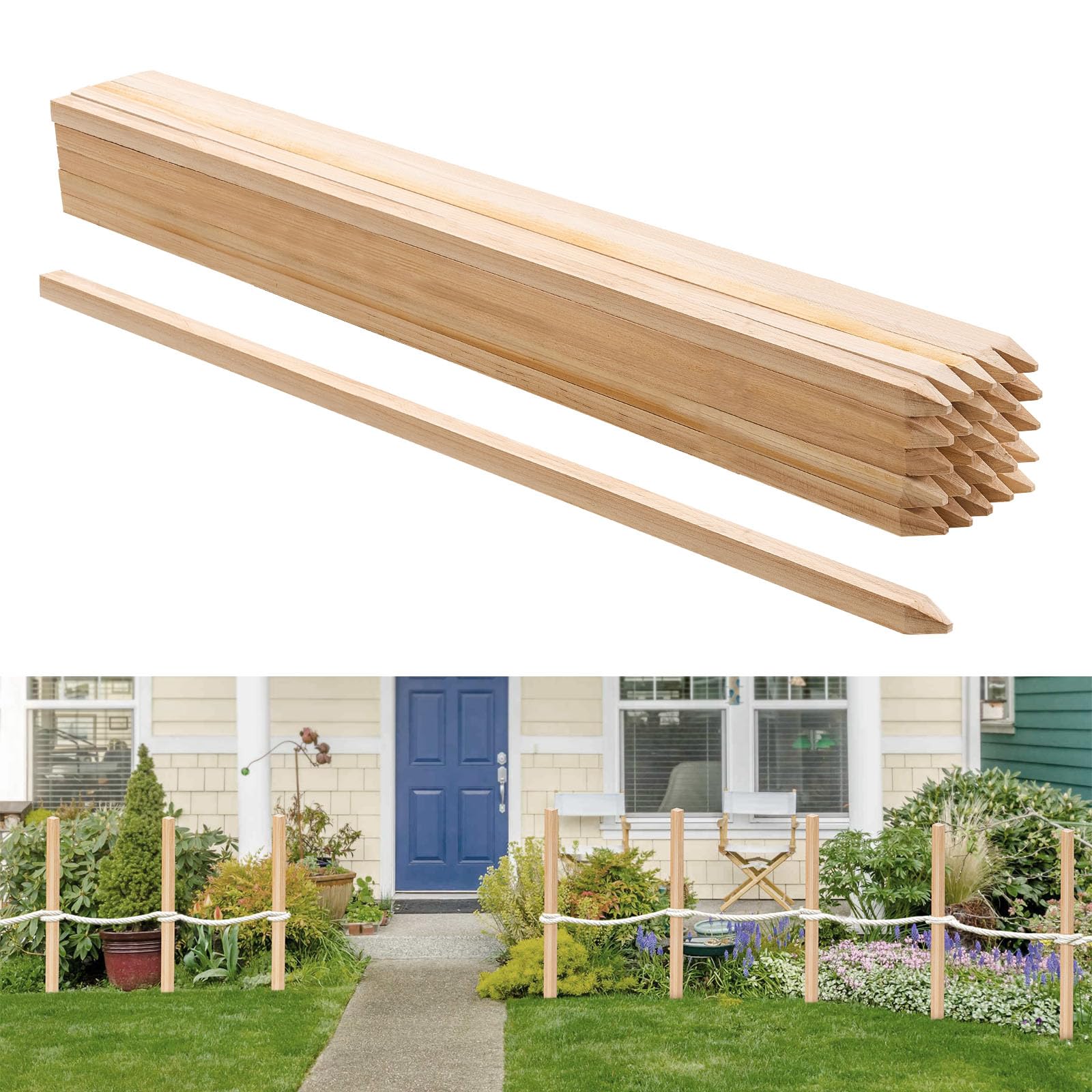 VEVOR front view of 25-pack wooden garden stakes showing quantity and packaging benefit