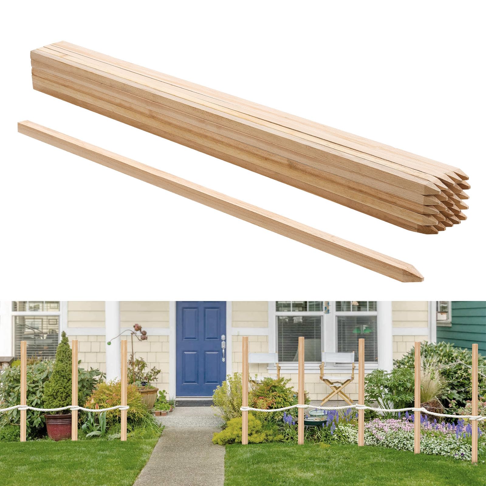 VEVOR front view of 25 wooden stakes showing packaged set and stake ends for quick setup