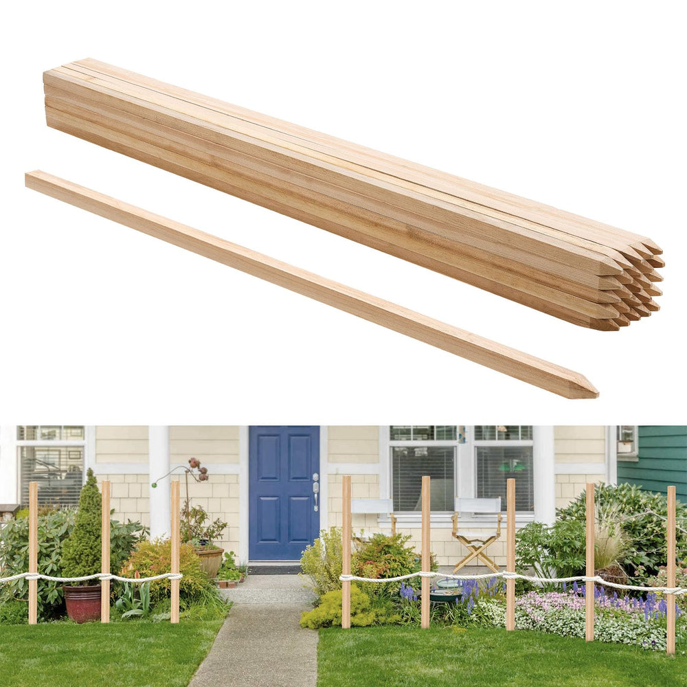 VEVOR front view of 25 wooden stakes showing packaged set and stake ends for quick setup