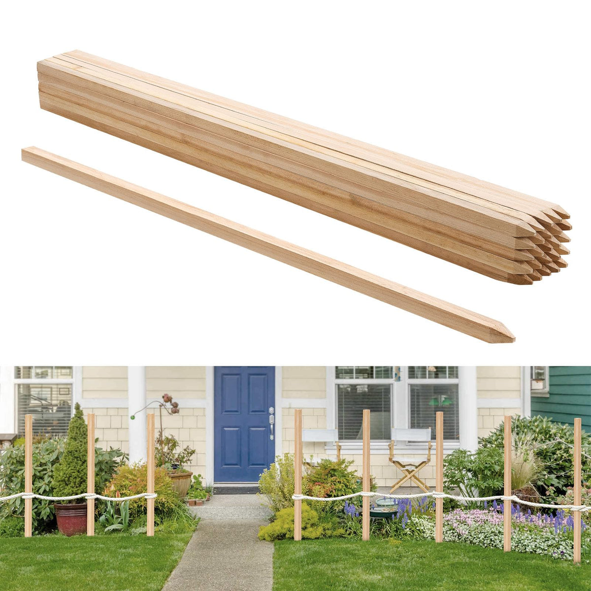 VEVOR front view of 25 wooden stakes showing packaged set and stake ends for quick setup