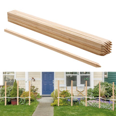 VEVOR front view of 25 wooden stakes showing packaged set and stake ends for quick setup