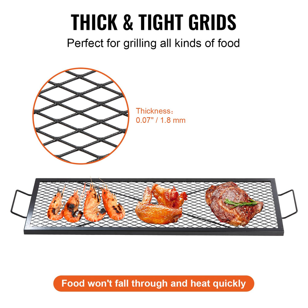 VEVOR grate set over campfire with food cooking, showing even searing benefit