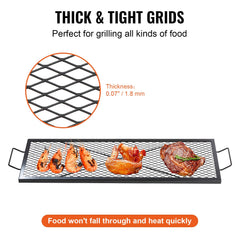 VEVOR grate set over campfire with food cooking, showing even searing benefit