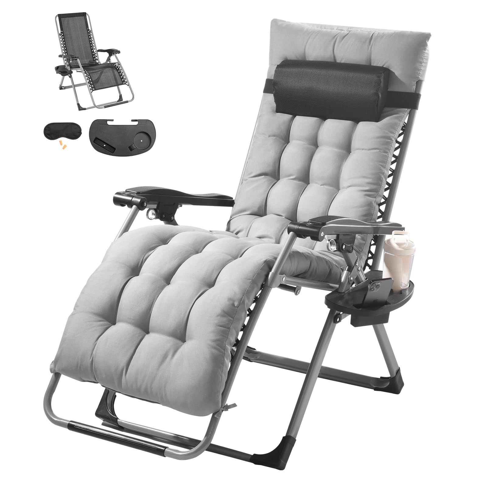 VEVOR zero gravity chair front view showing roomy seat and modern gray finish for comfort