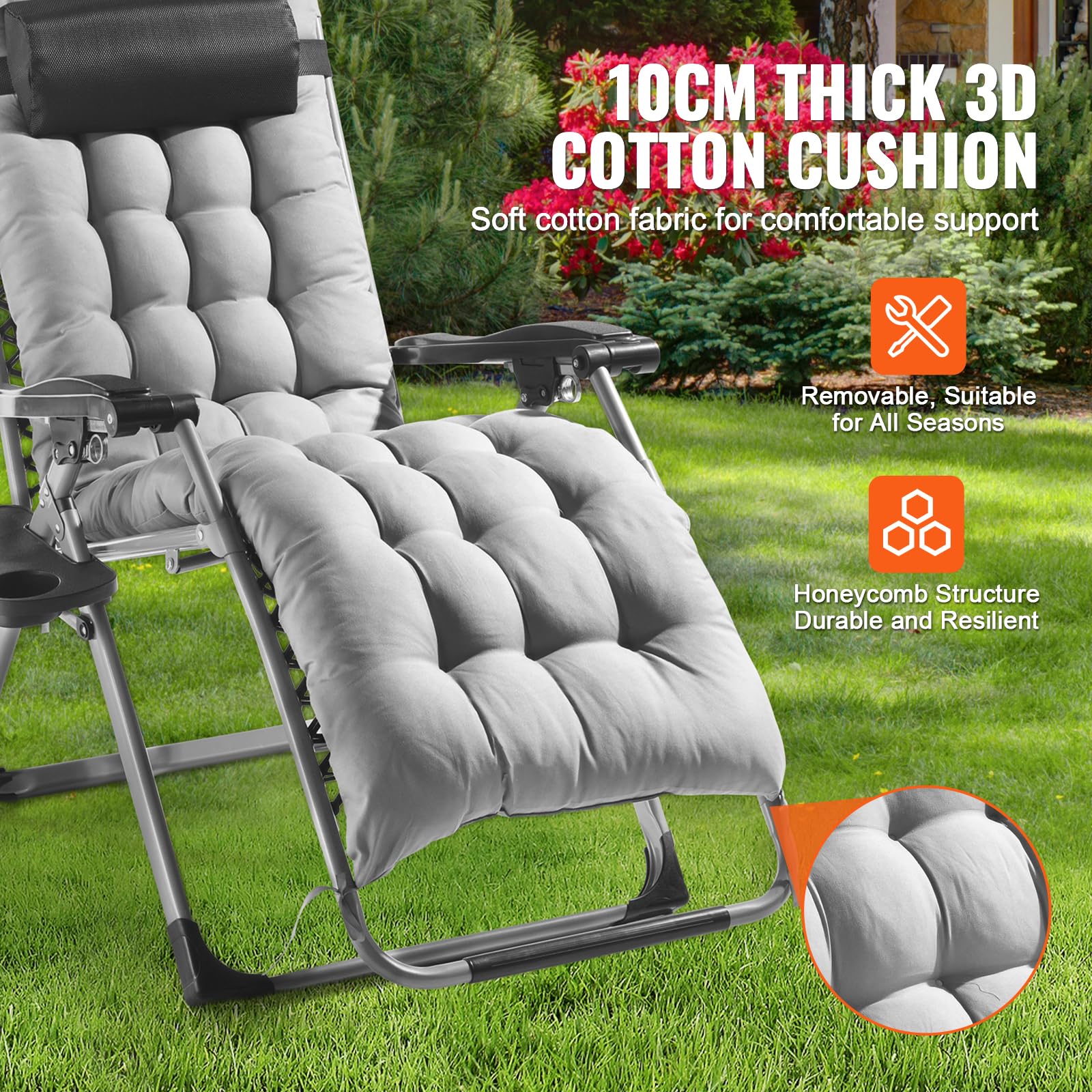VEVOR reclined outdoor view illustrating full recline and relaxed zero-gravity posture benefit
