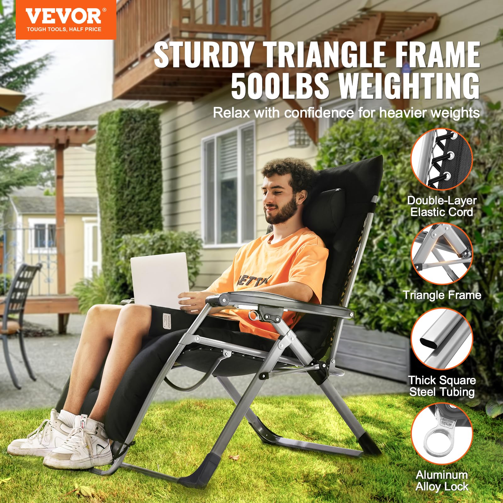 VEVOR side profile of reclined chair demonstrating adjustable positions benefit