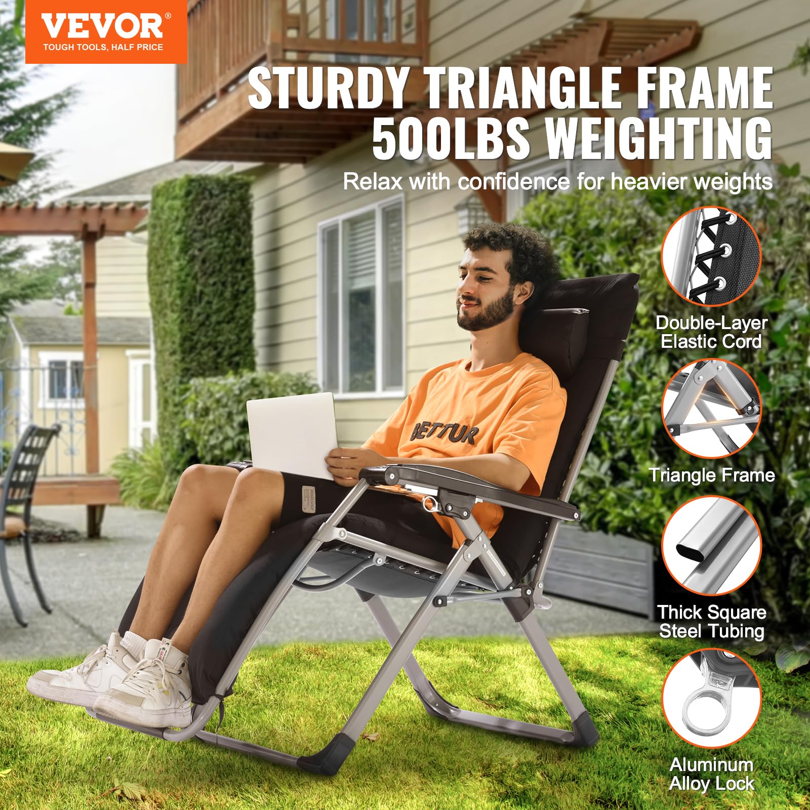 VEVOR side profile of recliner showing adjustable recline and support