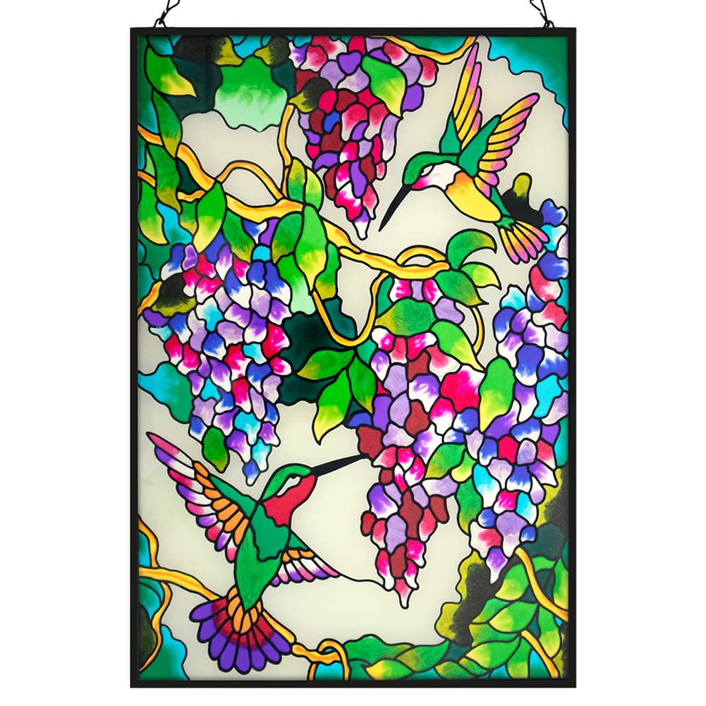 VEWOGARDEN front view of hummingbird stained glass showing vibrant colors and shine