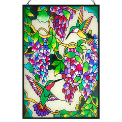 VEWOGARDEN front view of hummingbird stained glass showing vibrant colors and shine
