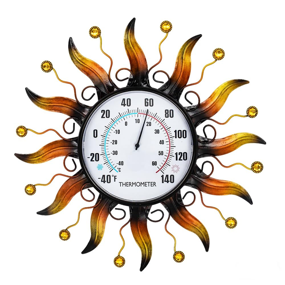VEWOGARDEN front view of sun thermometer showing decorative design and clear dial benefit
