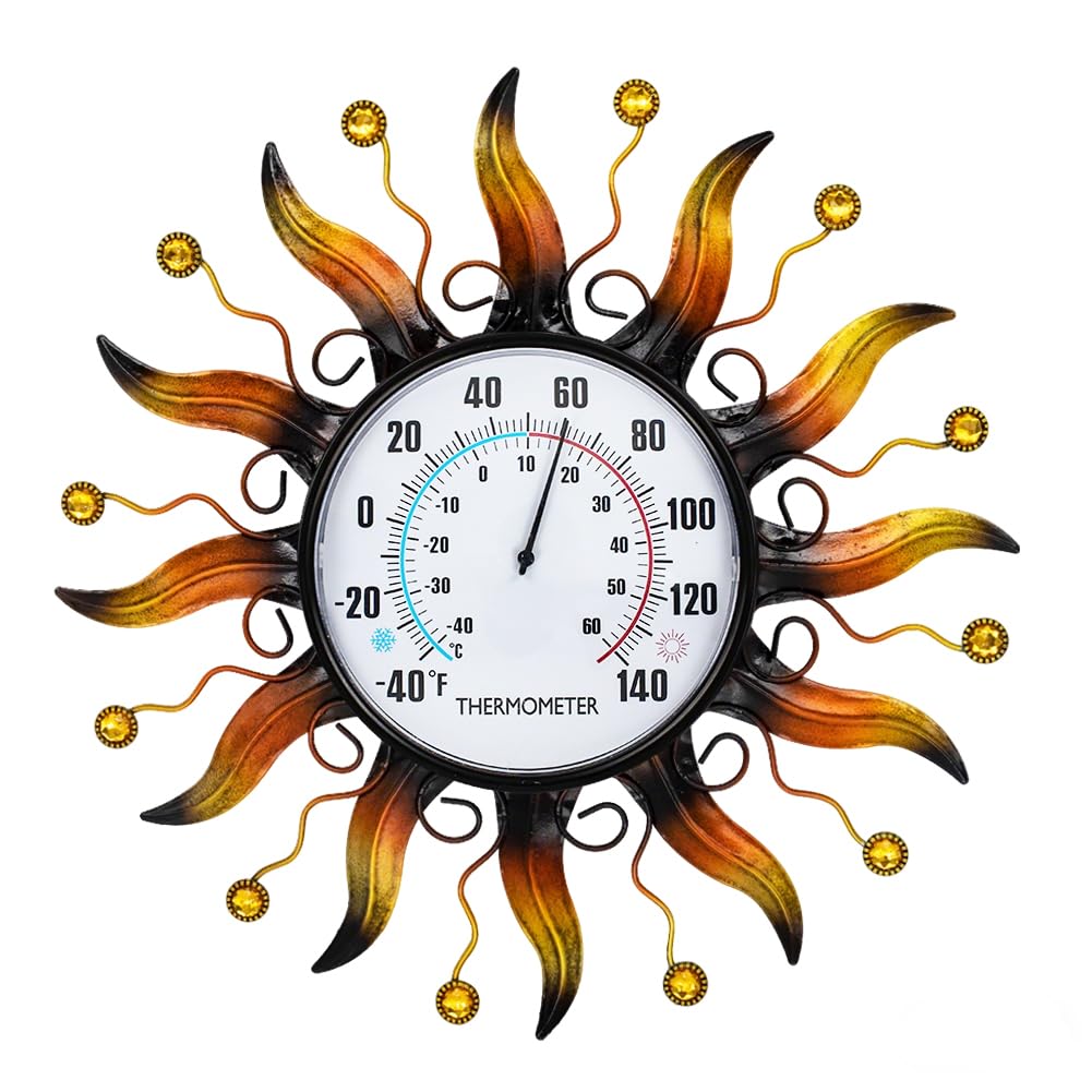 VEWOGARDEN front view of sun thermometer showing decorative design and clear dial benefit
