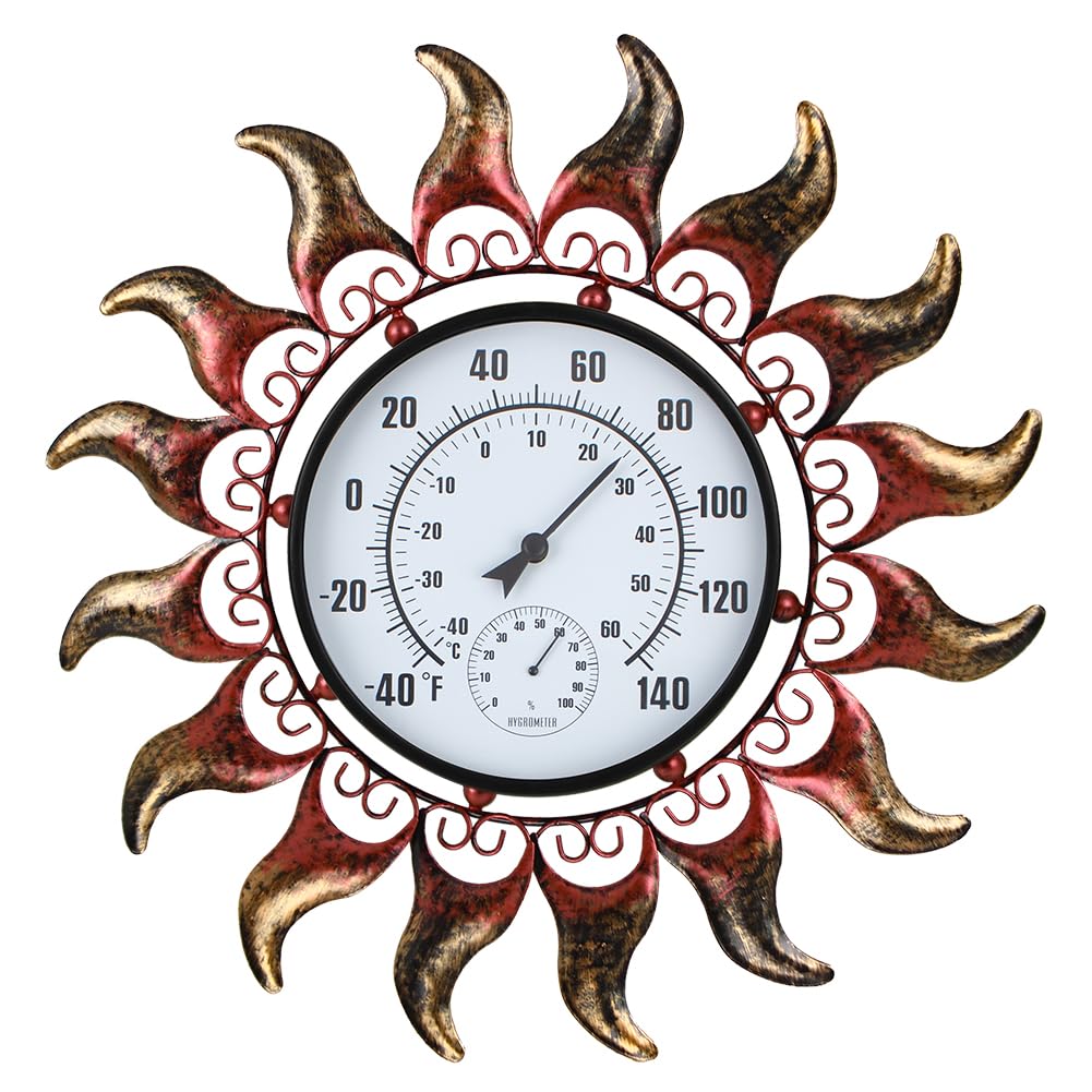 VEWOGARDEN sun thermometer front view showing clear dial and decorative frame benefit: instant readability
