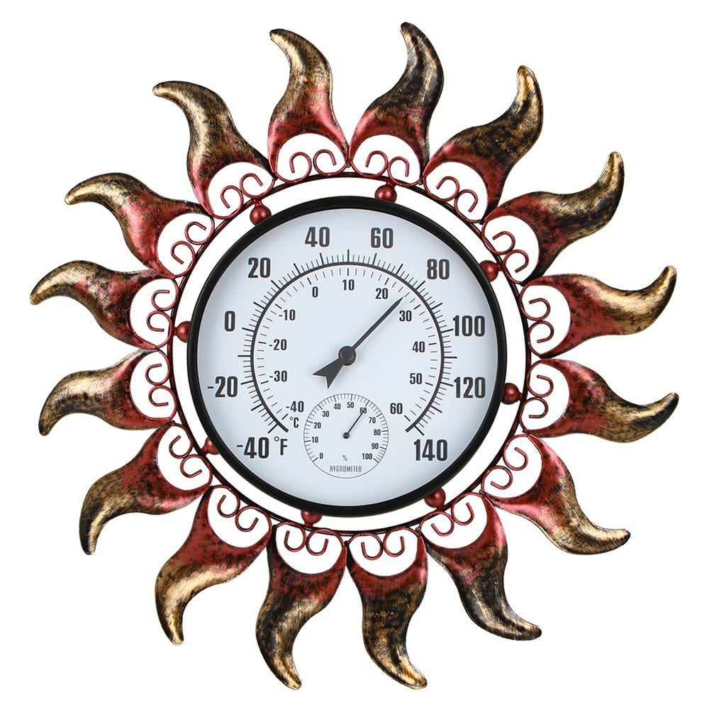 VEWOGARDEN sun thermometer front view showing clear dial and decorative frame benefit: instant readability