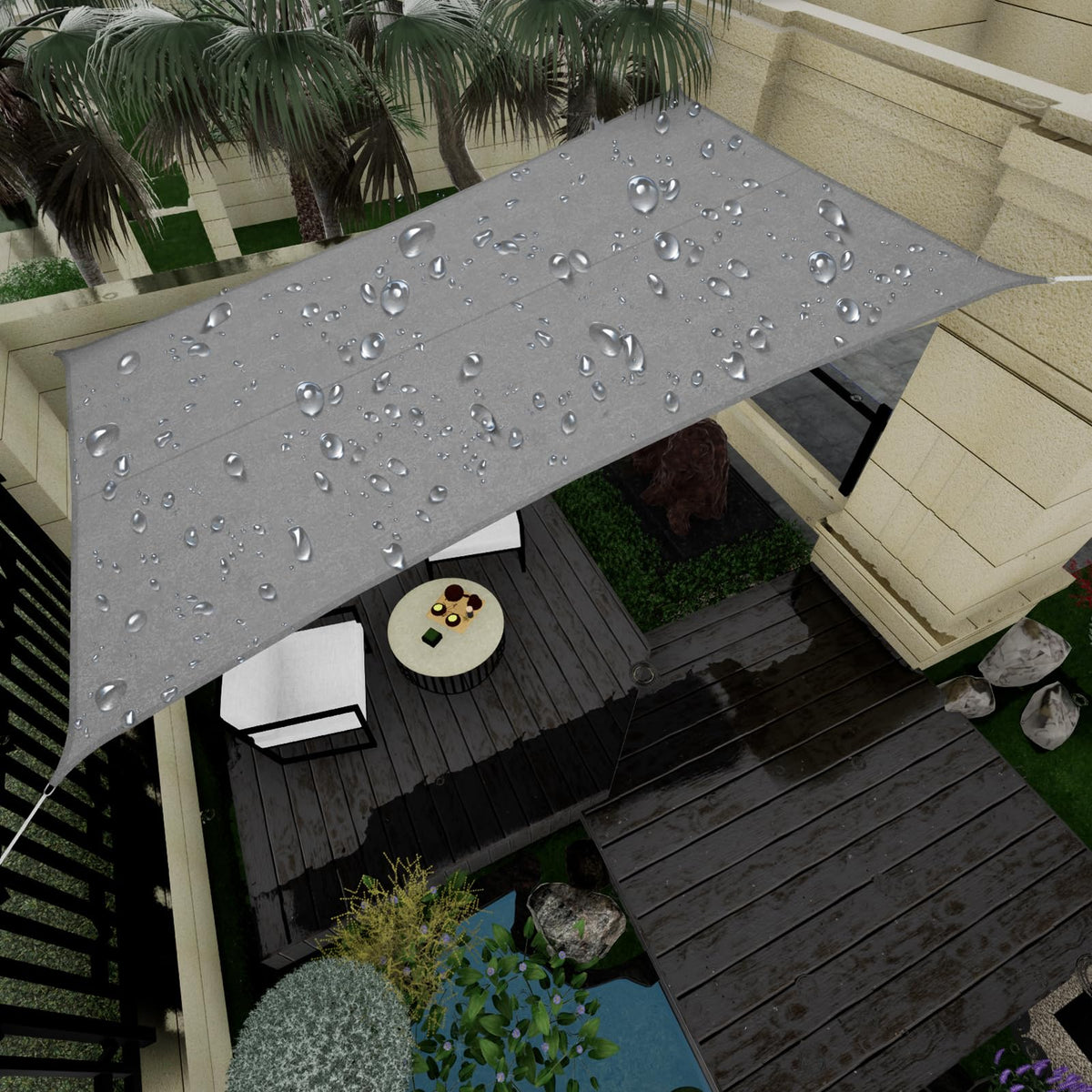 Vexoria front view of light gray rectangle shade sail showing clean modern coverage