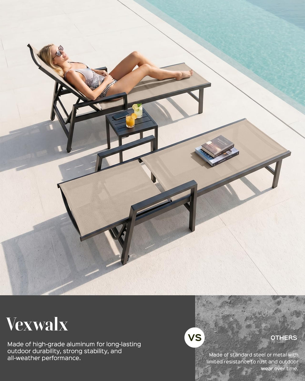 Vexwalx chaise with person for scale showing comfortable seating size