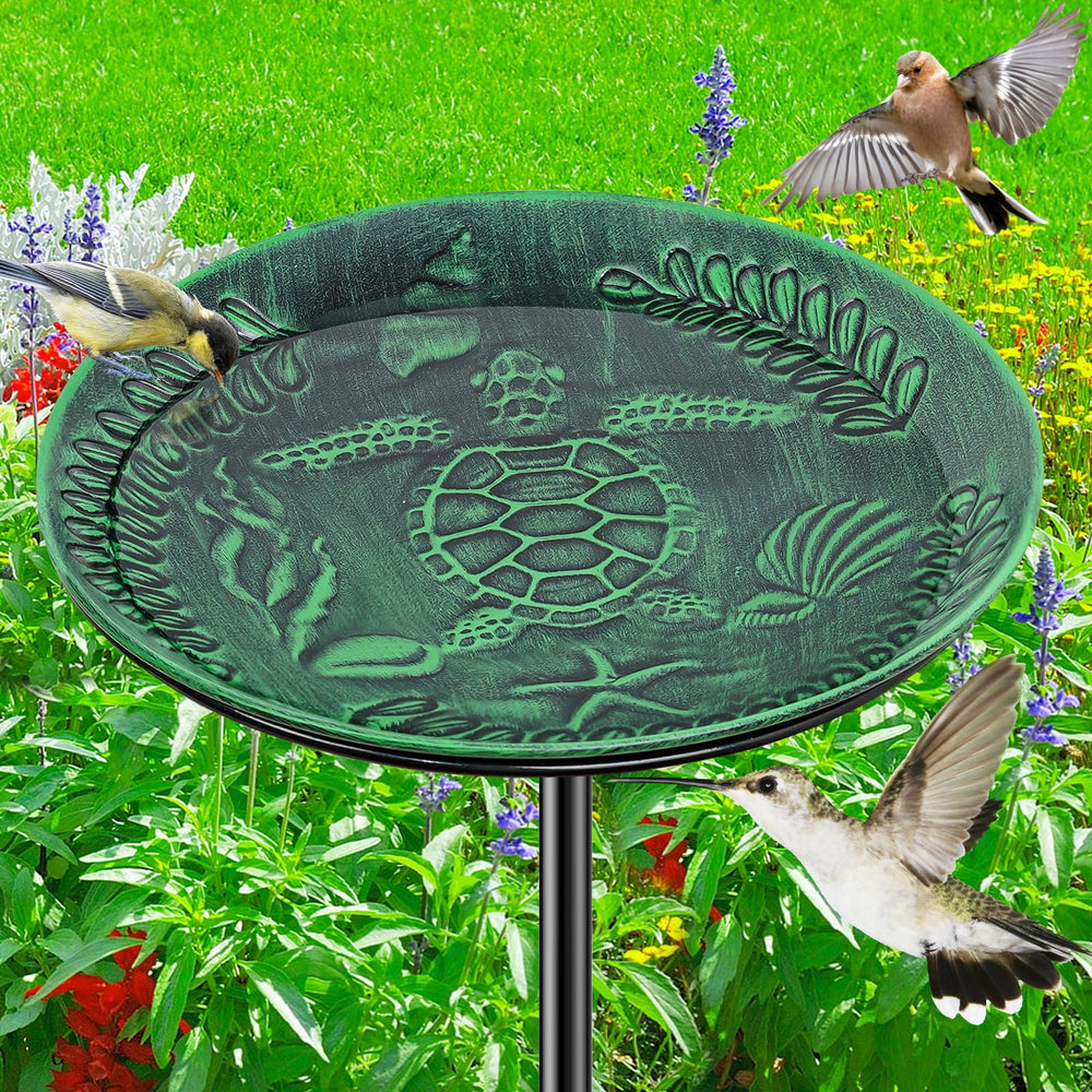 VeyFolzin.st front view of vintage green metal bird bath showing decorative bowl and stake benefits visual appeal