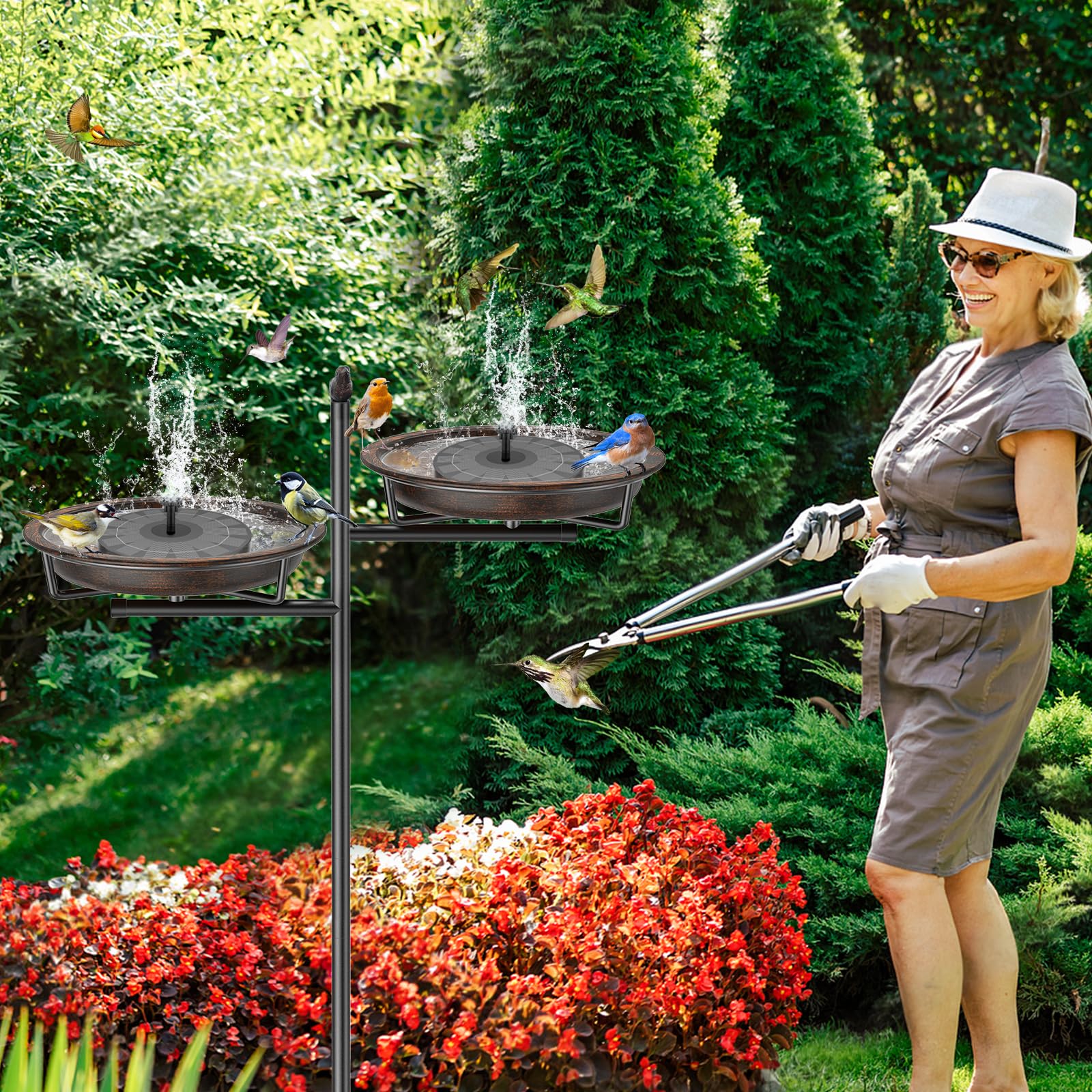 VeyFolzin.st bird bath beside a hand showing size and scale for placement planning benefit