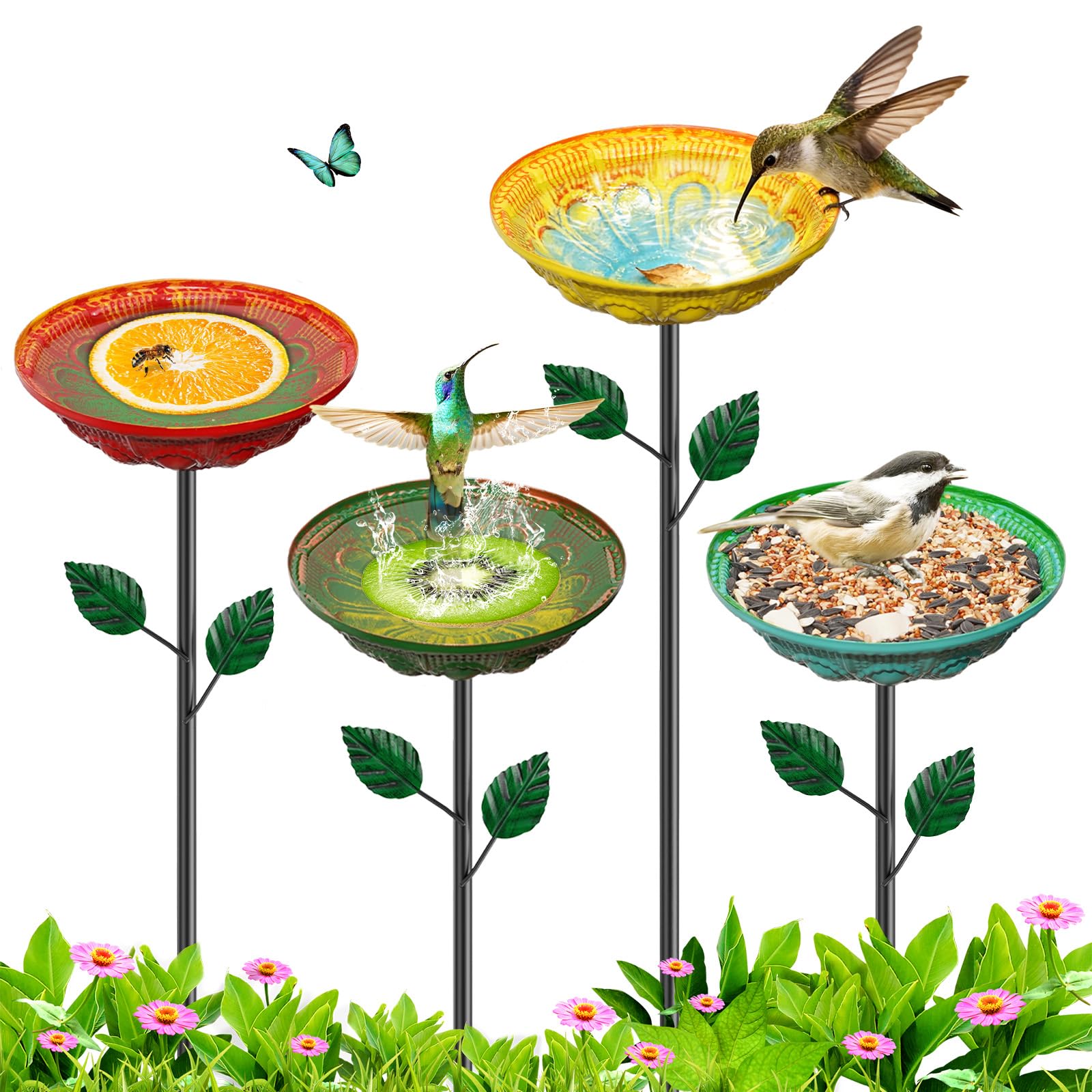 VeyFolzin.st front view of four colorful flower bird baths showing vibrant garden appeal