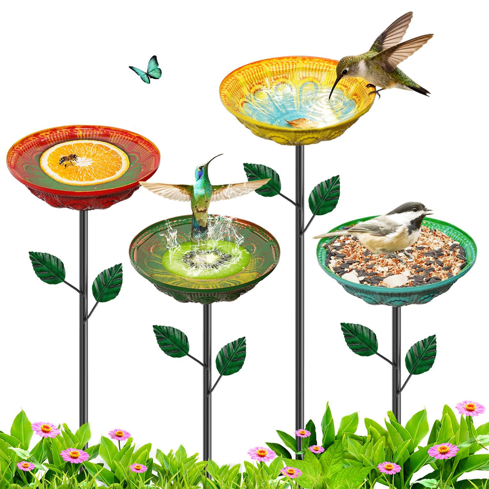 VeyFolzin.st front view of four colorful flower bird baths showing vibrant garden appeal