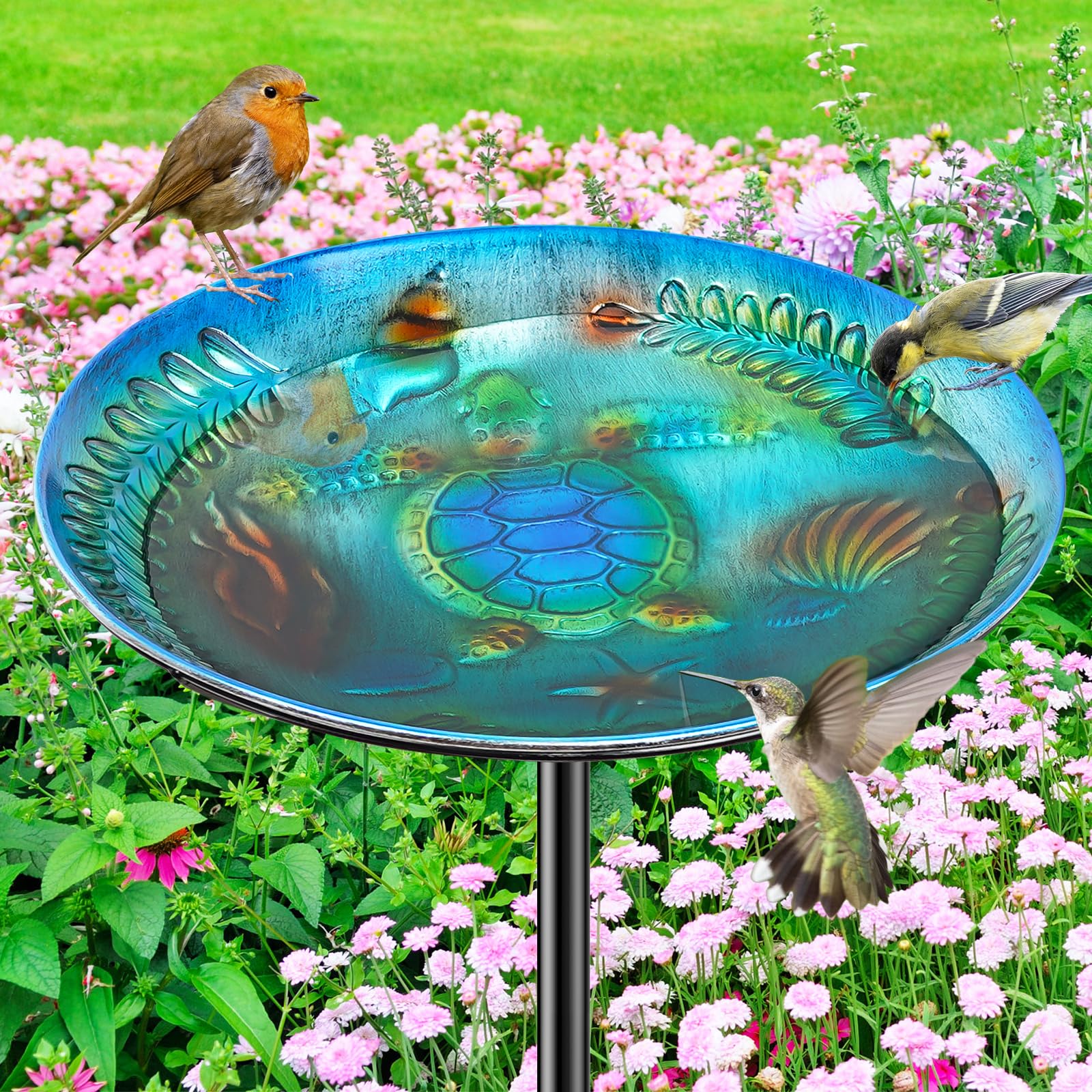 VeyFolzin.st front view of blue metal bird bath showing vintage shape and appeal