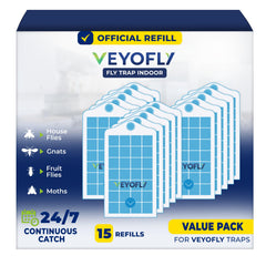 VEYOFLY front packaging showing 15-pack refills and clear benefit of replacement availability