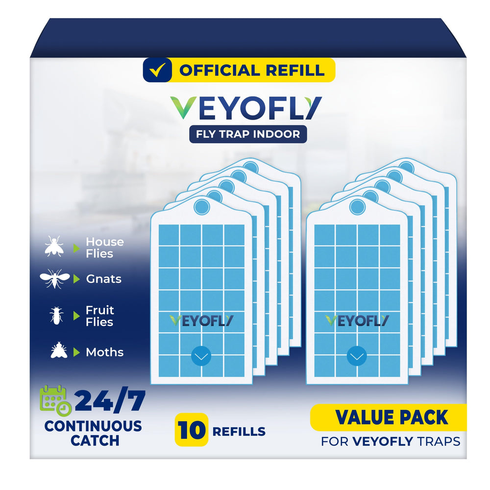 VEYOFLY front packaging showing 10-pack refills and quick replacement benefit