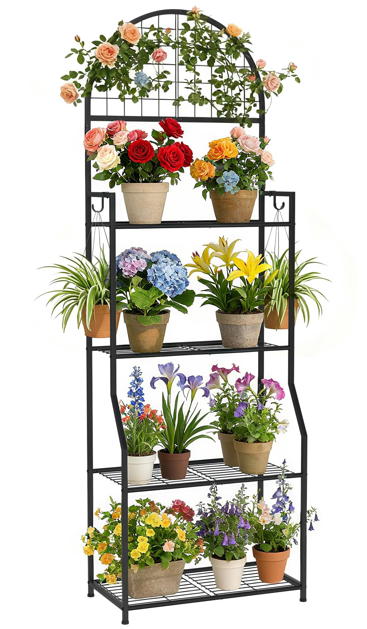 VGMiu front view of 4 tier plant stand showing organized pots and vertical space benefit