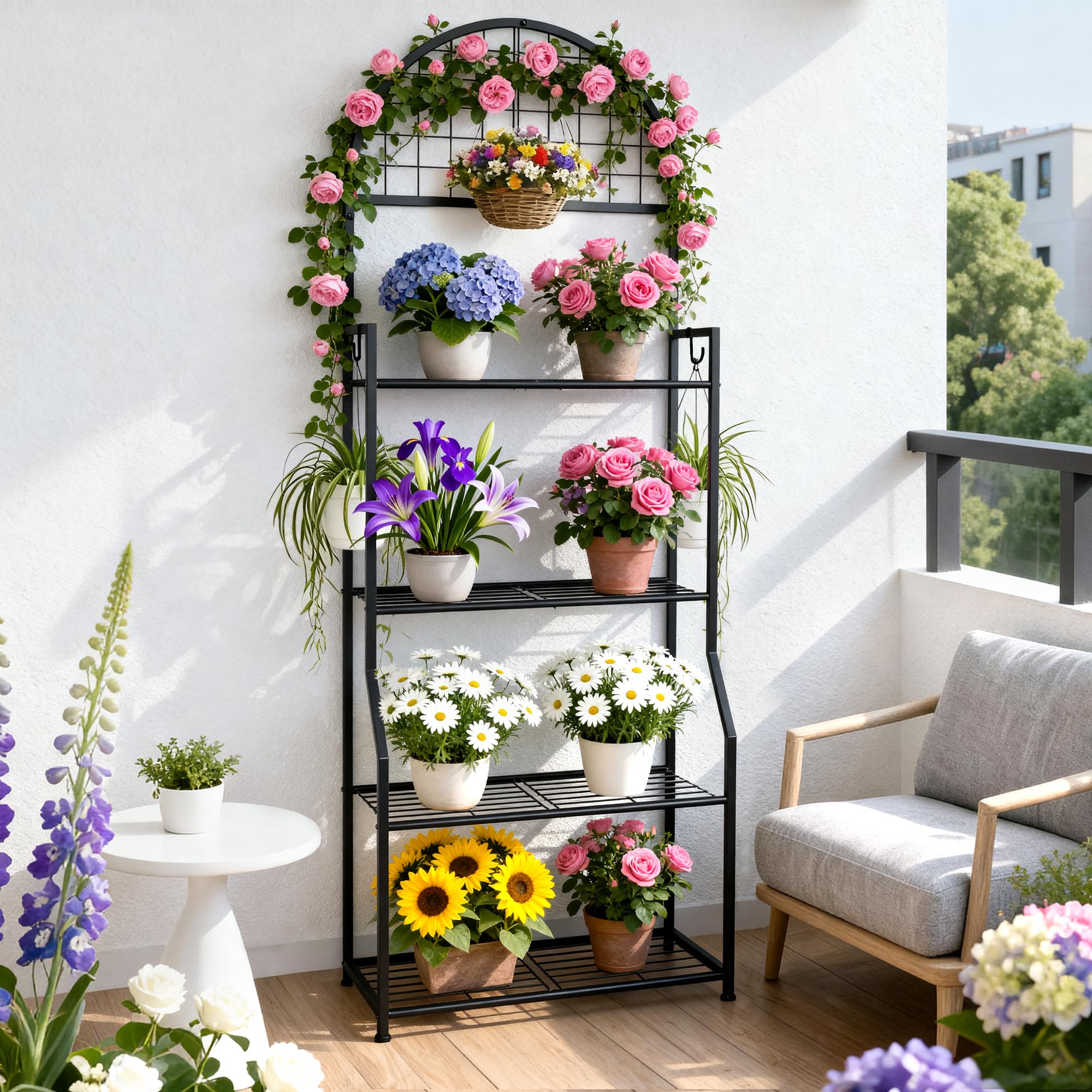 VGMiu plant shelf on balcony displaying mixed pots and saving floor space