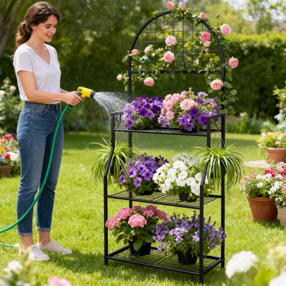VGMiu plant stand with pots for scale demonstrating compact footprint benefit